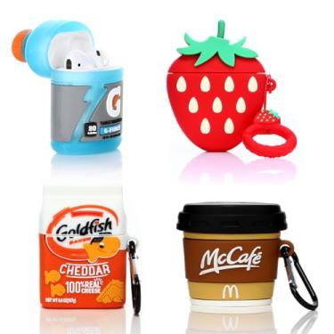 Imagem de (4 unidades) Capa para AirPods 2ª/1ª geração (2019/2016) fones de ouvido, capa protetora de silicone XMBYGY com design fofo de desenho animado para AirPods 1/2, com mosquetão (G+GOD+Mcoffee+3Dmorango)