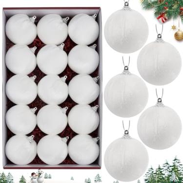 Imagem de Woration 15 peças de enfeites de bola de árvore de Natal de veludo, branco, inquebrável, 6 cm, decorações de bolas de plástico para árvores de Natal, guirlanda e festa