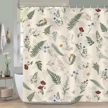 Imagem de COZZSNUGE Cortina de chuveiro com folhas florais, flores vintage, folha de samambaia, natureza, boho, cortina de chuveiro de poliéster impermeável para banheiro com 12 ganchos, 182 x 182 cm