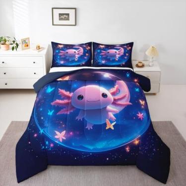 Imagem de Erosebridal Axolotl Conjunto de edredom solteiro, universo, salamandra, planetas com glitter, borboletas, gradiente, para decoração de quarto de adolescentes, azul, azul