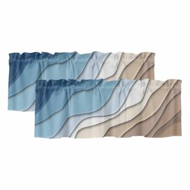 Imagem de Cortina de saia azul ombré para janelas Kithchen azul e marrom gradiente moderno abstrato geométrico cortina bolso para varão sanefas para quarto/sala de estar/banheiro, 2 painéis, 42 x 12 polegadas