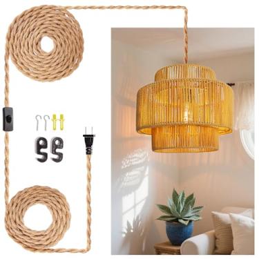 Imagem de LUCORUSC Luminária de pendurar lâmpada de teto luzes penduradas em vime com cabo de plugue para sala de estar quarto cozinha lâmpada suspensa interna plugue abajur de tecido