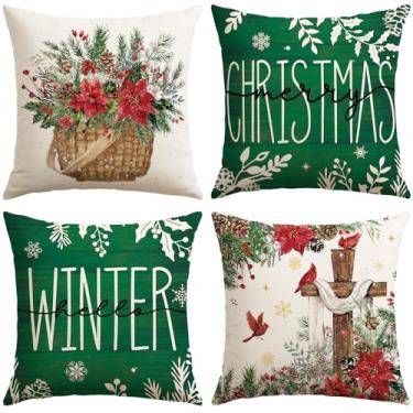Imagem de OTOSTAR Capas de almofada de Natal 45,7 x 45,7 cm, conjunto de 4 fronhas decorativas Merry Christmas Cardinal Xmas sazonais Hello Winter Holiday Farmhouse Capas de almofada para sofá-cama sofá, verde