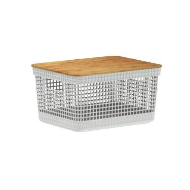 Imagem de Cesto Organizador Grid Com Tampa Bambu Branco 2,5L Ou