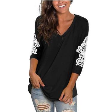 Imagem de Camiseta feminina de renda manga três quartos com decote em V camisas 