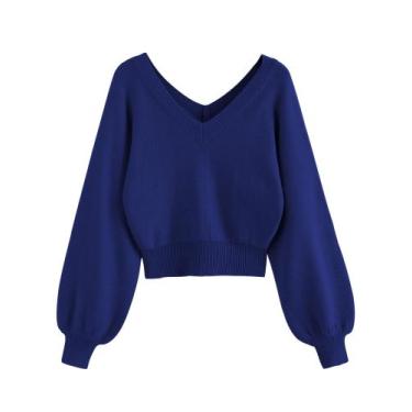 Imagem de Suéter recortado ZAFUL com decote em V e manga comprida para mulheres