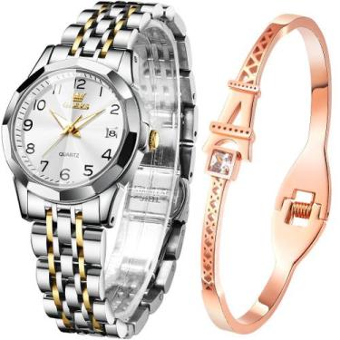 Imagem de Relógio OLEVS feminino em ouro rosa com conjunto de pulseiras à prova 