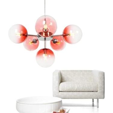 Imagem de Luminárias pendentes Mid Century Modern 6 luzes pendentes, luminária de lustre contemporânea com globo de vidro vermelho gradiente Luminária de lustre