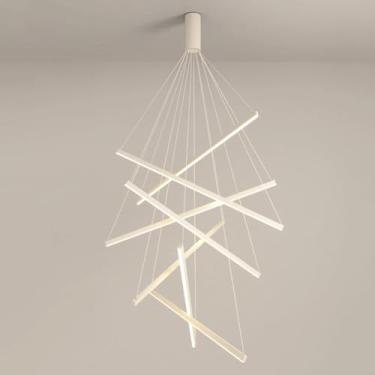 Imagem de 5 Luzes Modernas LED Foyer Lustre Geométrico Branco Minimalista Longo Linear Pendente Luz Controle Remoto Sputnik Lustre de Teto Alto Para Entrada Escadaria Sala de Estar Hotel Escritório