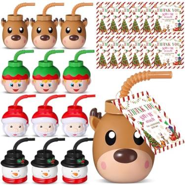 Imagem de Sliner 12 Set Christmas Plastic Cups with Straws, Lids, Christmas Cards 10 oz Reusable Plastic Cups Santa Claus Elk Snowman for Winter Xmas Holiday Party Gifts Supplies