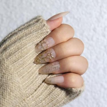 Imagem de Unhas postiças de amêndoa média com design de glitter dourado com cobertura completa cola em bastão falso artificial em unhas de acrílico para mulheres, casamento, 24 peças
