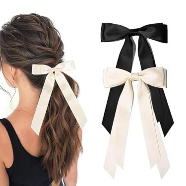 Imagem de 2 peças de acessórios para laços de cabelo para mulheres, grampos de cabelo fofos antiderrapantes, prendedores de fita com suporte de rabo de cavalo com cauda longa, bege e preto