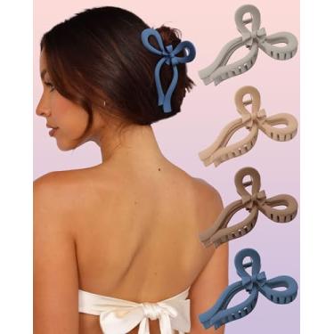 Imagem de 4 peças de grampos de cabelo com laço para mulheres, grampos de cabelo grandes para cabelos grossos e finos (Caqui + curry + cinza + azul escuro)