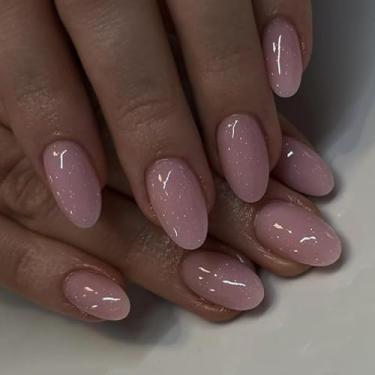 Imagem de Unhas postiças curtas médias redondas nude rosa nude com design de glitter, cobertura completa, bastão falso artificial, cola em acrílico para mulheres, 24 peças
