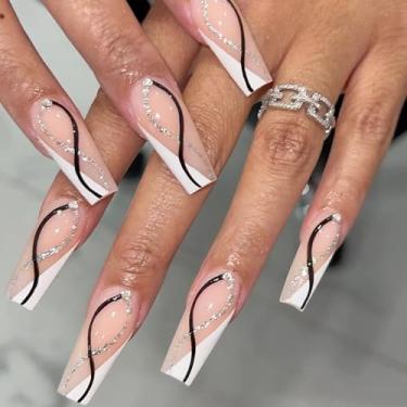 Imagem de Kit Press on Nails Caixão Médio Longo, Unhas Falsas Brancas com Glitter Design Redemoinho Gel Cola em Unhas para Mulheres Cobertura Completa Acrílico Artificial Falso Stick on Nail para Casamento 24