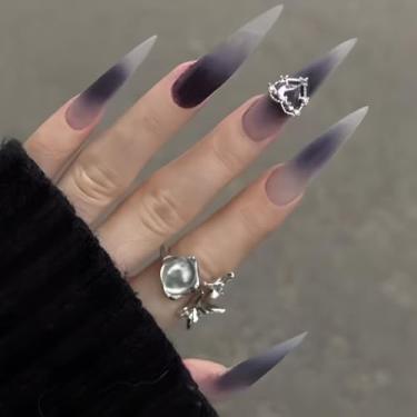 Imagem de Kit de unhas postiças longas ombré preto com cola falsa com design de coração 3D, cobertura total, bastão falso artificial em unhas de acrílico, para mulheres, 24 peças