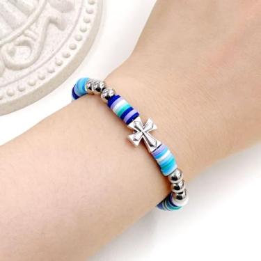 Imagem de Pulseira de disco de argila, pulseira elástica de contas de polímero multicolorido, joia minimalista boho de verão, pulseira de fé personalizável durável para mulheres, pulseira de praia versátil de
