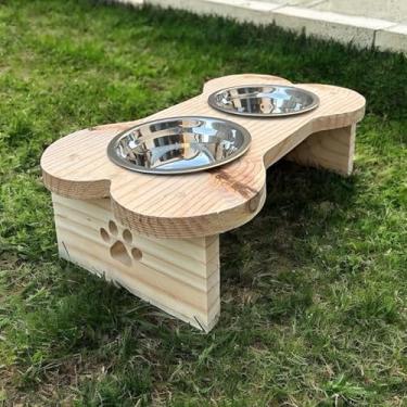 Imagem de Comedouro Elevado Pet em Madeira Pinus com Tigelas Inox – Design Minimalista para Cães de Porte Pequeno, Médio e Grande(Natutal 10cm c2 pote 300ml)