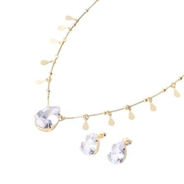 Imagem de Conjunto Feminino Semijoia Folheada Ouro a 18k Brinco Colar com Bolinhas e Gota com Zircônia Cristal