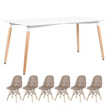 Imagem de Loft7, Kit - Mesa retangular Eames 80 x 160 cm branco + 6 cadeiras estofadas Botonê nude