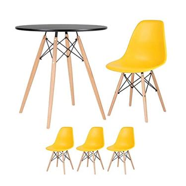 Imagem de Loft7, Kit - Mesa redonda Eames 70 cm preto + 3 cadeiras Eiffel Dsw Amarelo
