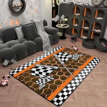 Imagem de Tapete de carro de corrida para meninos, 14 x 1,80 m, preto e branco, tapete decorativo para mulheres, adultos, homens, adolescentes, laranja, luzes néon, favo de mel, antiderrapante, lavável