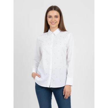 Imagem de Camisa Social Feminina Branca com Strass  Manga Longa, Gola Clássica e