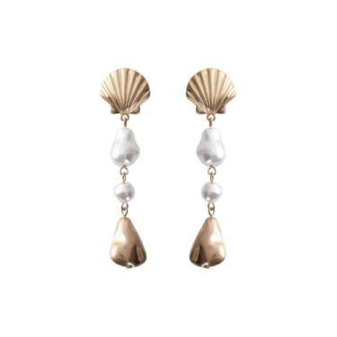 Imagem de Rosemarie & Jubalee Brincos vintage com pérolas falsas e gotas douradas, 7,6 cm de comprimento, estilo náutico