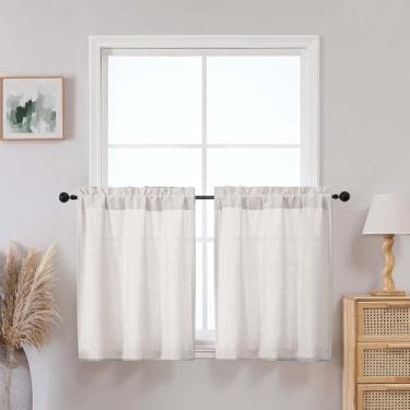 Imagem de Aiyufeng Cortinas curtas naturais de 61 cm de comprimento, conjunto de 2 painéis, cortina de janela texturizada de linho sintético com filtragem leve para armários de cozinha sobre a pia, cortinas