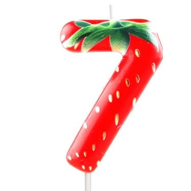 Imagem de Vela de aniversário número 7 de morango, decoração moderna de bolo de aniversário com tema de frutas, 7ª vela vermelha de morango, para meninas, presentes de aniversário, celebração, reuniões, artigos