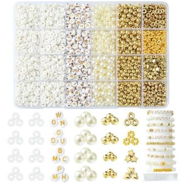 Imagem de MakemadeDIY 2270 peças kit de fabricação de pulseiras da amizade, incluindo argila branca, letra, pérola e contas douradas em formato de estrela e coração para fazer joias, colares, brincos