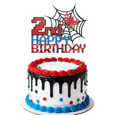 Imagem de Topo de Bolo Aniversário Aranha Pixelado, Topo Bolo Aniversário com Teia Aranha Brilhante para Meninos Meninas Lembrancinhas e Decoração para Festa Temática (2º)