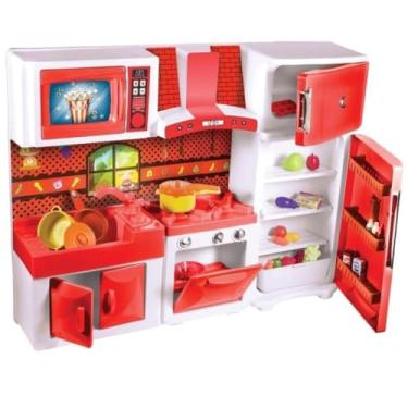 Imagem de Cozinha de Brinquedo Infantil com Geladeira, Fogão, Micro-ondas Interativo, Armários, Plástico, Vermelho e Branco, 64x18x83cm, para Crianças a partir de 3 Anos