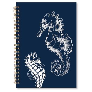 Imagem de XNXLDYLH Caderno azul marinho, cavalos marinhos náuticos, espiral, litoral, praia, oceano, para mulheres e homens, amantes de cavalos marinhos, presentes de material escolar de praia, 13 x 21 cm