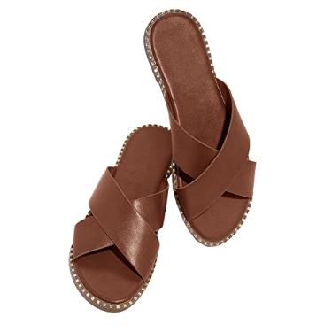 Imagem de Jeimpoey Sandálias femininas com tira cruzada com dedos abertos, slip on Mule Slides, Marrom, 8.5