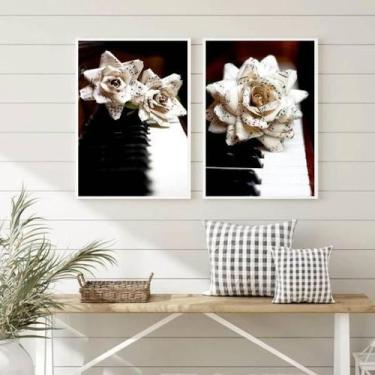 Imagem de Kit 2 Quadros Rosas Com Partitura E Piano 24X18Cm - Branca - Quadros O