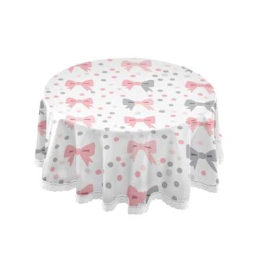 Imagem de SEHANY Toalha de mesa redonda com laço rosa de 152 cm, tecido lavável sem rugas, toalha de mesa decorativa de renda para restaurante, casamento, acampamento, festa de cinco de maio