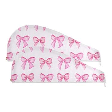 Imagem de SEHANY Linda toalha de cabelo de microfibra com laço rosa para mulheres, 2 peças, turbantes de cabelo de secagem rápida com botão, touca de cabelo seco absorvente toalha de secagem de cabelo para