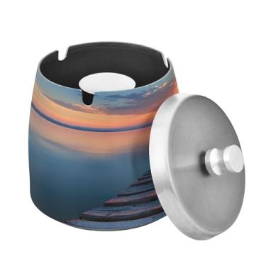 Imagem de Blueangle Lindo cinzeiro pôr do sol com tampa para cigarros, à prova de vento/chuva, aço inoxidável, sem fumaça, inodoro, cinzeiro para uso interno ou externo (452)