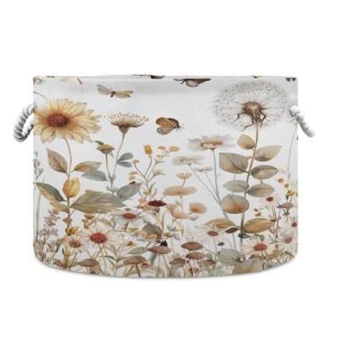 Imagem de Blueangle Cesta de armazenamento de girassóis e borboletas de 50,8 cm P x 35,5 cm A - cesto de roupa extra grande dobrável, organizador de brinquedos redondo e armazenamento doméstico à prova d'água