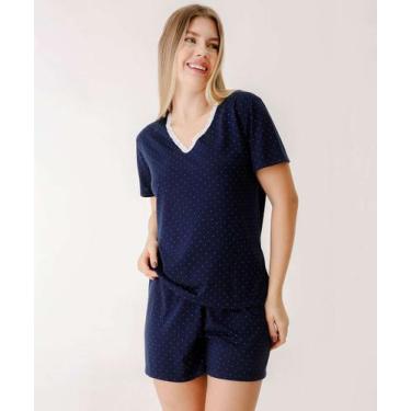 Imagem de Pijama Feminino Poá Renda Manga Curta Marisa Azul-91040, Azul, G