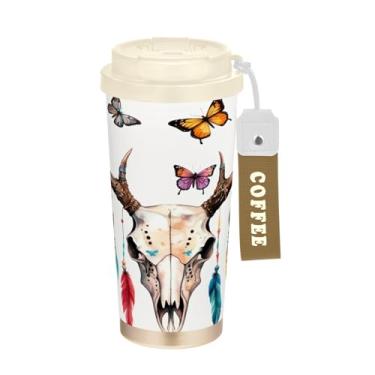 Imagem de STAYTOP Caneca de café de viagem com isolamento de caveira de veado de 500 ml, copo de café reutilizável de aço inoxidável com tampa flip à prova de vazamento à prova de vazamento para escritório