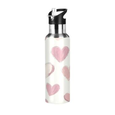 Imagem de Wassud Garrafa de água fofa corações garrafa de água esportiva de aço inoxidável com canudo garrafas de água isoladas copo portátil de viagem 947 ml