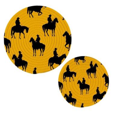 Imagem de Wassud Silhueta de caubói para pratos quentes, suportes redondos de algodão, almofadas quentes, porta-copos elegantes, decoração de cozinha e acessórios, 2 peças