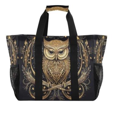 Imagem de Wassud Sacolas de compras reutilizáveis de coruja dourada grande bolsa organizadora de lona impermeável para praia, piquenique, lavanderia, viagem