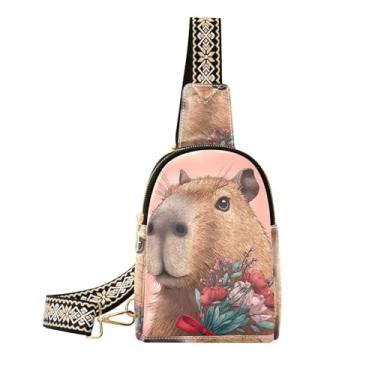 Imagem de CEBUGI Bolsa feminina Capibara Flowers, pequena, de couro, transversal, pochete para trilhas, viagens ao ar livre