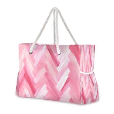 Imagem de Wassud Bolsa de praia feminina com listras rosas, grande, impermeável, à prova de areia, bolsa de viagem com zíper e bolso para piscina, academia, acampamento