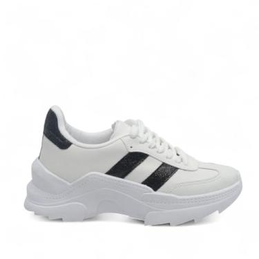 Imagem de Tênis Feminino Sneaker Plataforma Bege Branco Blogueira Moderno Macio (Branco/Preto, BR, Adulto, Numérico, 34)