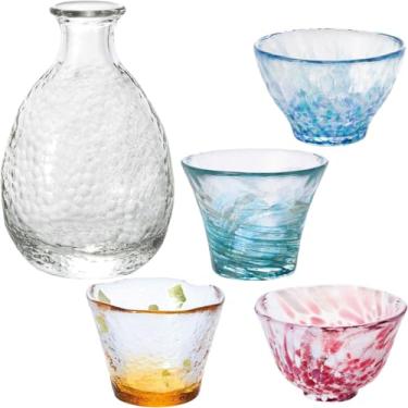 Imagem de ORANGE APRON Conjunto de copos de saquê e vidro de saquê ADERIA Tsugaru [quatro estações japonesas]: 1 jarra de saquê e 4 copos de saquê em caixa de presente (feita à mão no Japão)