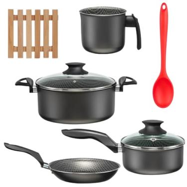 Imagem de Jogo de Panelas 04 Peças Antiaderentes C/Tampas de Vidro + 04 Descansos Quadrados + Colher de Silicone Vermelha